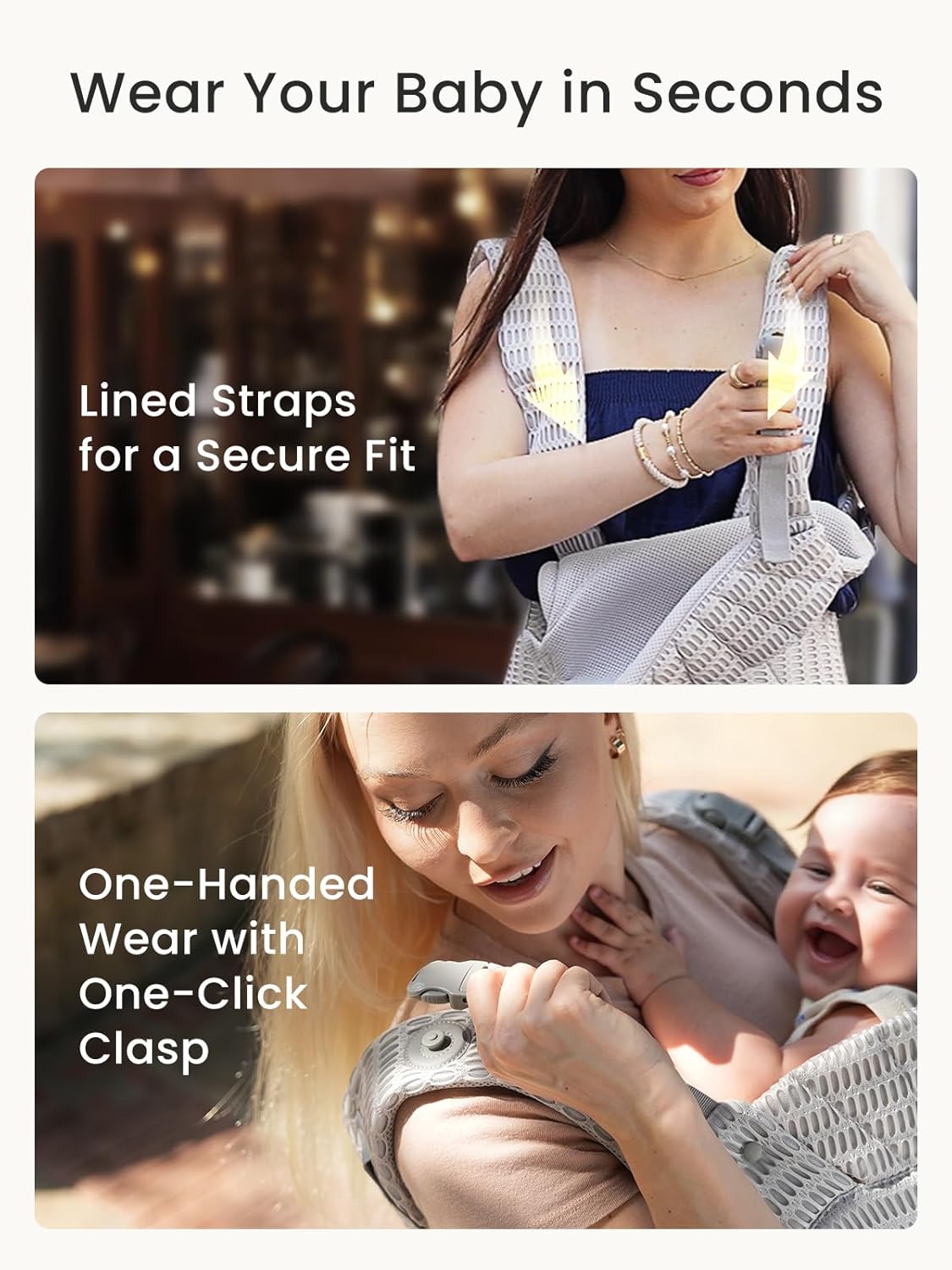 Grownsy Baby Carrier Newborn to Toddler (7-44lbs), Ergonomic & Cozy Wraps with One-Click Buckle, Mesh & Head Support for Hands-Free Comfort, Silver Gray