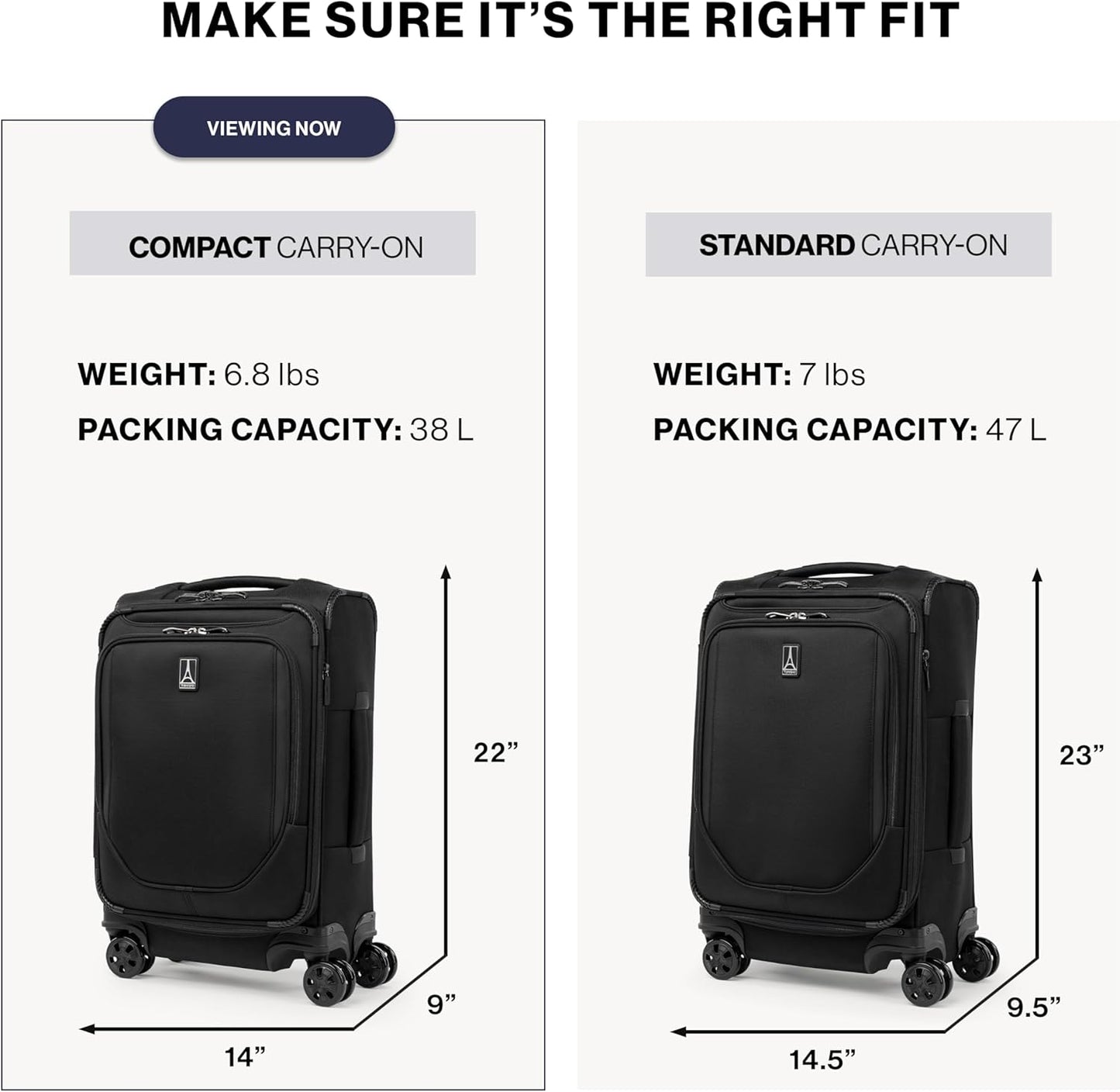 Travelpro Crew Classic Lightweight Softside Expandable Carry on Luggage, 8 Wheel Spinner Suitcase, Men and Women, Compact Carry On 20-Inch, Black