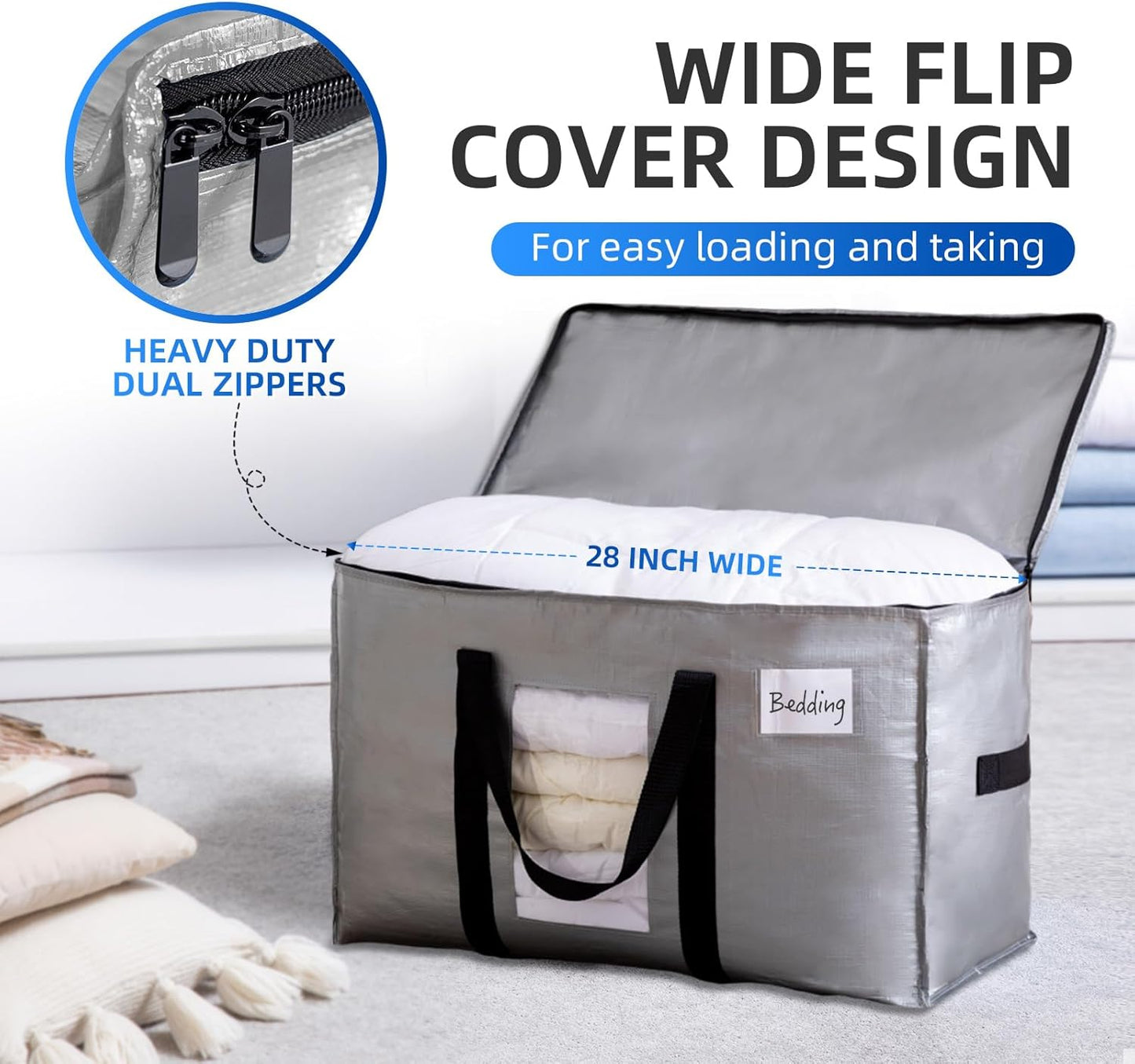 TAILI Extra Large Moving Bags, 8 Pack Silver Heavy Duty Totes For Storage with Visible Window, Wrap Around Handles, Storage Bags for Space Saving, Alternative to Moving Boxes