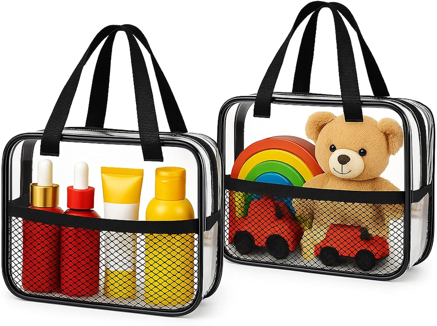 XEWEA 2PCS Large TSA Approved Clear Travel Toiletry Bags for Men Women, Transparent Makeup Cosmetic Bag with Handle,Waterproof PVC Quart Organizer Storage Pouch for Toiletries Airline Essential, Balck