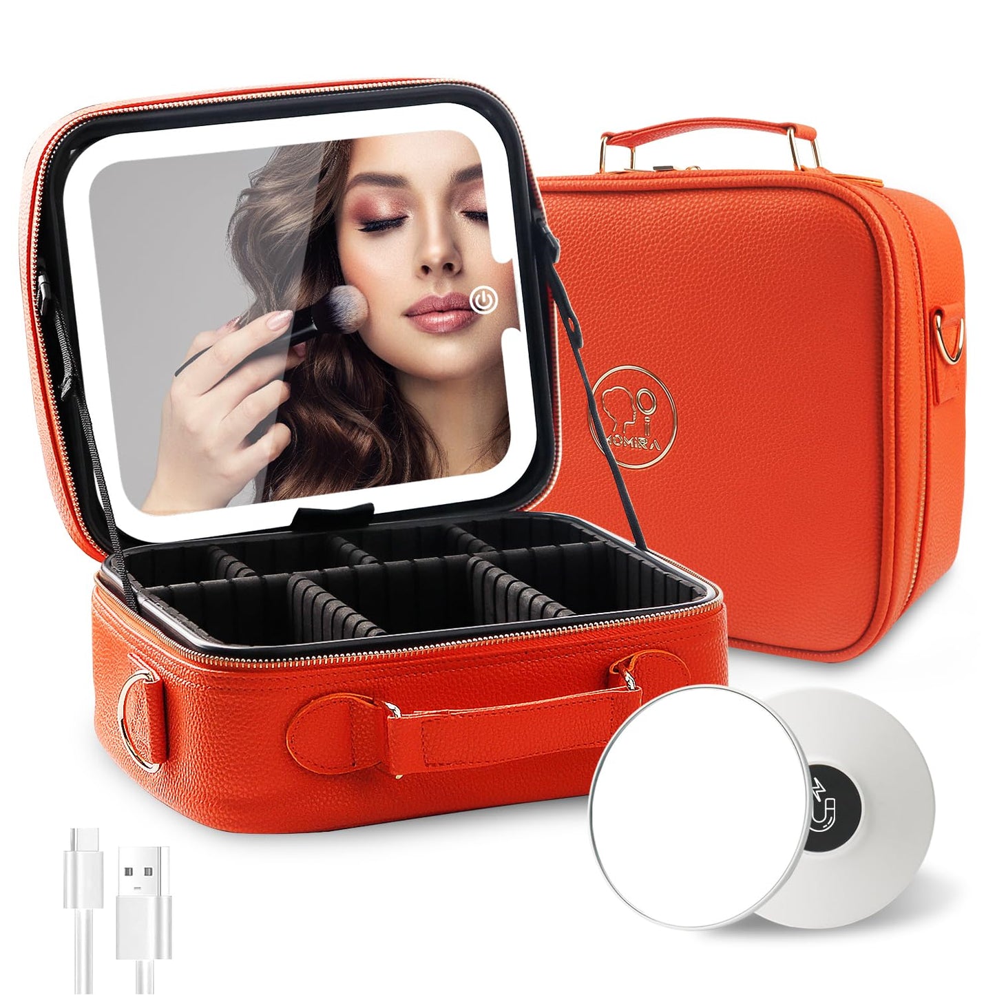 MOMIRA Travel Makeup Bag Cosmetic Bag with Lighted Mirror, Adjustable Brightness in 3 Color Scenarios/Detachable makeup mirror, All-round Upgrade, Waterproof, Gift for Women -Orange