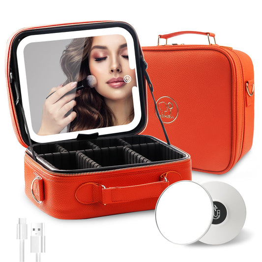 MOMIRA Travel Makeup Bag Cosmetic Bag with Lighted Mirror, Adjustable Brightness in 3 Color Scenarios/Detachable makeup mirror, All-round Upgrade, Waterproof, Gift for Women -Orange