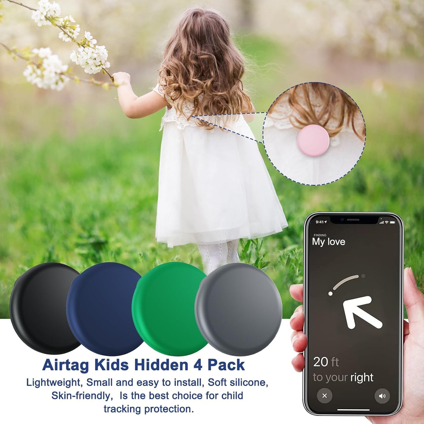 Compatible for Air Tags-4 Pack Apple Kids Hidden, for AirTag Hidden Kid Holder with Invisible Pin, for Kids, Elderly, Luggage, Clothing (Black Dark Green Gray Navy Blue)