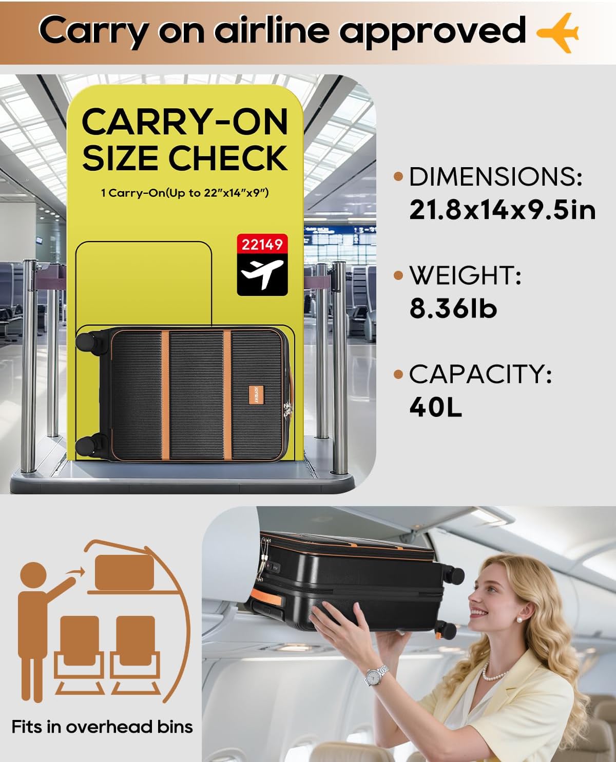 Joyway Carry on Luggage Airline Approved with Front Pocket, Hardside 20 Inch Travel Luggages with Cup Holder, Carry-on Suitcase with Spinner Wheels for Men and Women (Black, 20 Inch)
