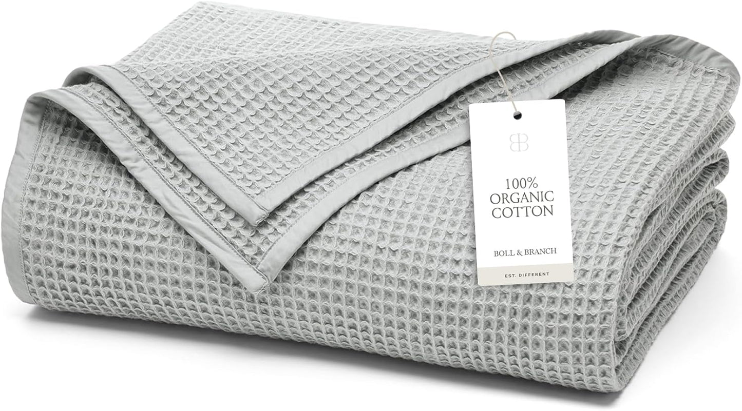 BOLL & BRANCH Waffle Bed Blanket - King/Cal King, Shore - Luxury 100% Organic Cotton - Soft, Lightweight and Breathable - Textured Waffle Weave Design