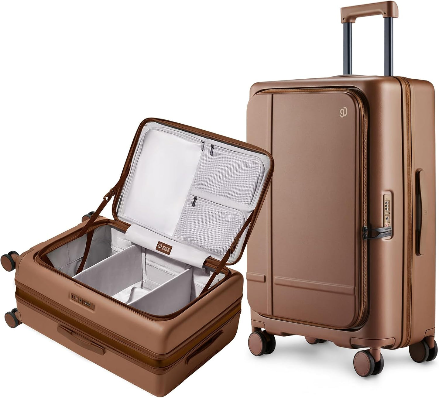 NINETYGO Medium Checked Luggage 25 Inch, Flat Top Opening Checking In Luggage with Cup Holder, Expandable, Coffee-Infused PC Hard Shell, Eco-Friendly, TSA Lock, 360° Spinner Wheels (Latte)