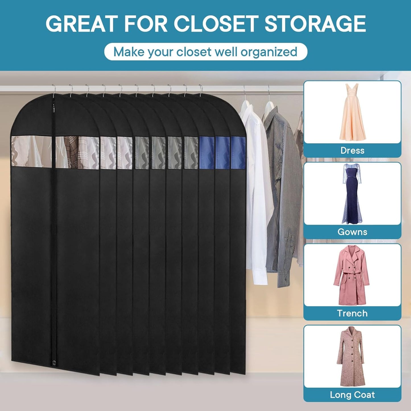 Dress Bags for Gowns, 65" Long Garment Bags for Hanging Clothes, 6-Pack Foldable Dress Cover with Clear Window for Women's Coats, Formal Gowns, and Evening Dresses