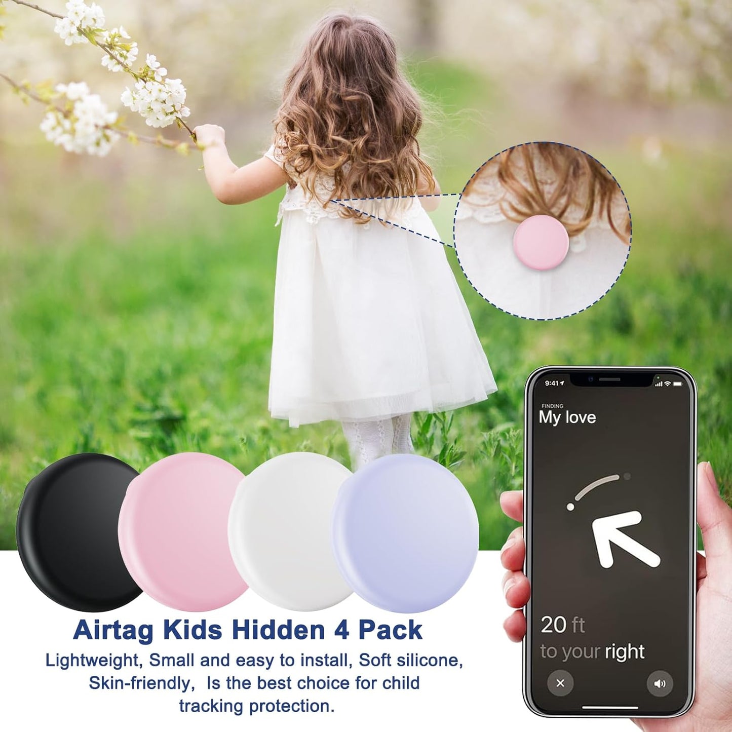 Compatible for Air Tags-4 Pack Apple Kids Hidden, Airtag Holder for Kid, AirTag Hidden Kids Holder with Invisible Pin, Anti Lost, for Children, Elderly, Luggage, Clothing (Black White Pink Purple)