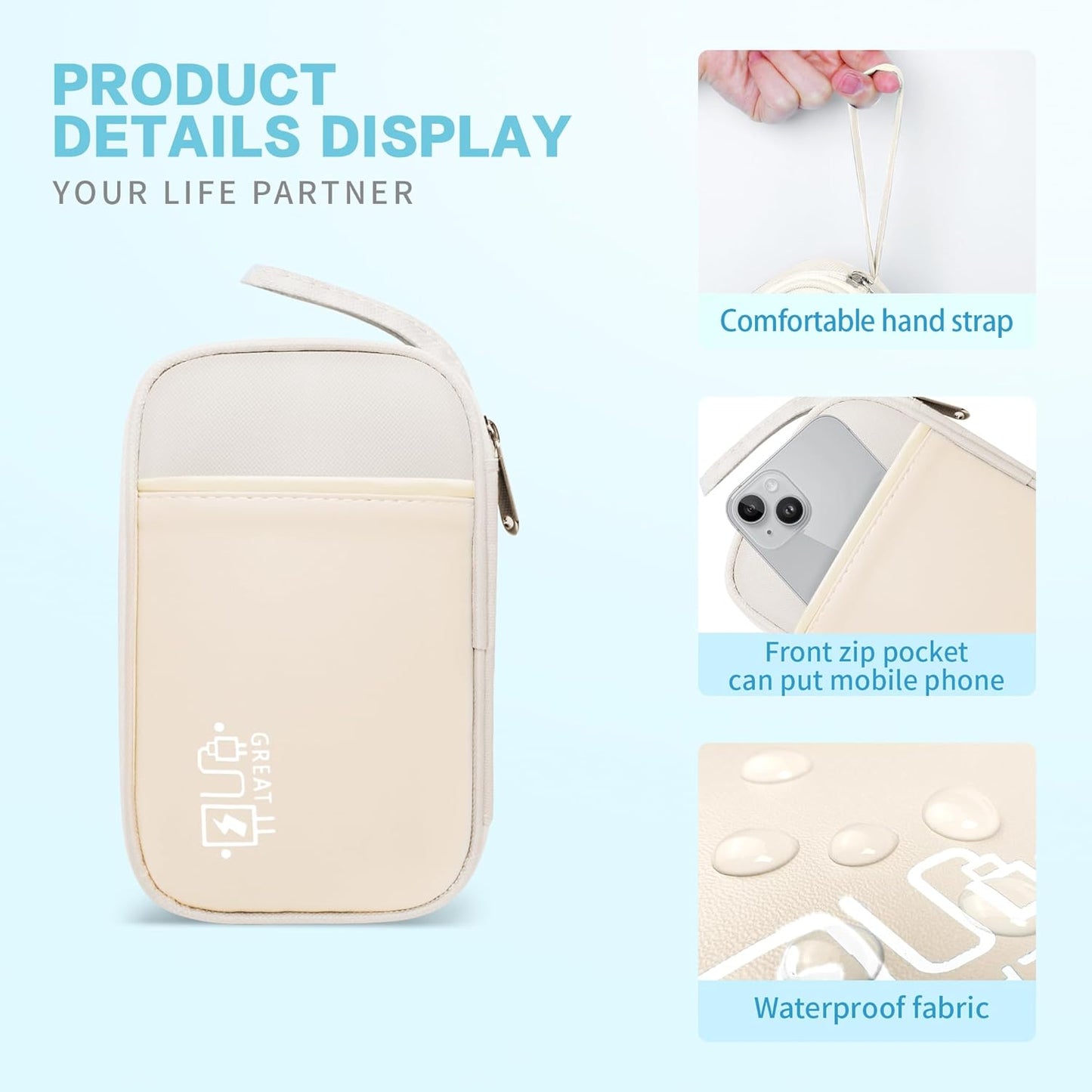 Electronics Travel Organizer,Portable Waterproof Electronic Travel Storage Bag for Small Charging Cord Storage,Charger,Small Electronics,SD Card etc,for Travel,Business -Beige