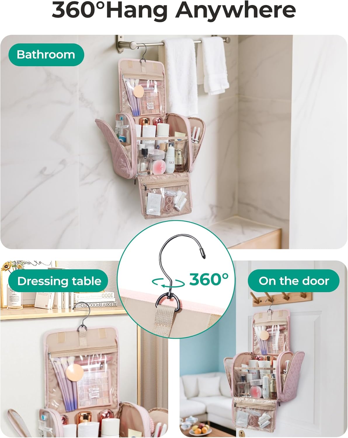 BAGSMART Travel Toiletry Bag, Large Capacity Cosmetic Bags for Women with Hanging Hook, Water-resistant for Toiletries Accessories Brushes Sponge, With Handle