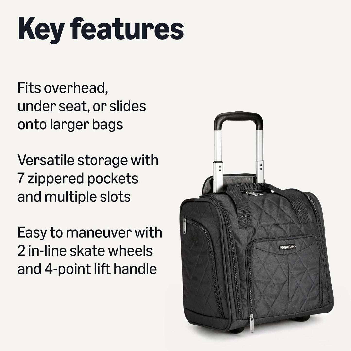 Amazon Basics Underseat Carry On Luggage with Wheels - 14" Rolling Travel Bag, Black Quilted