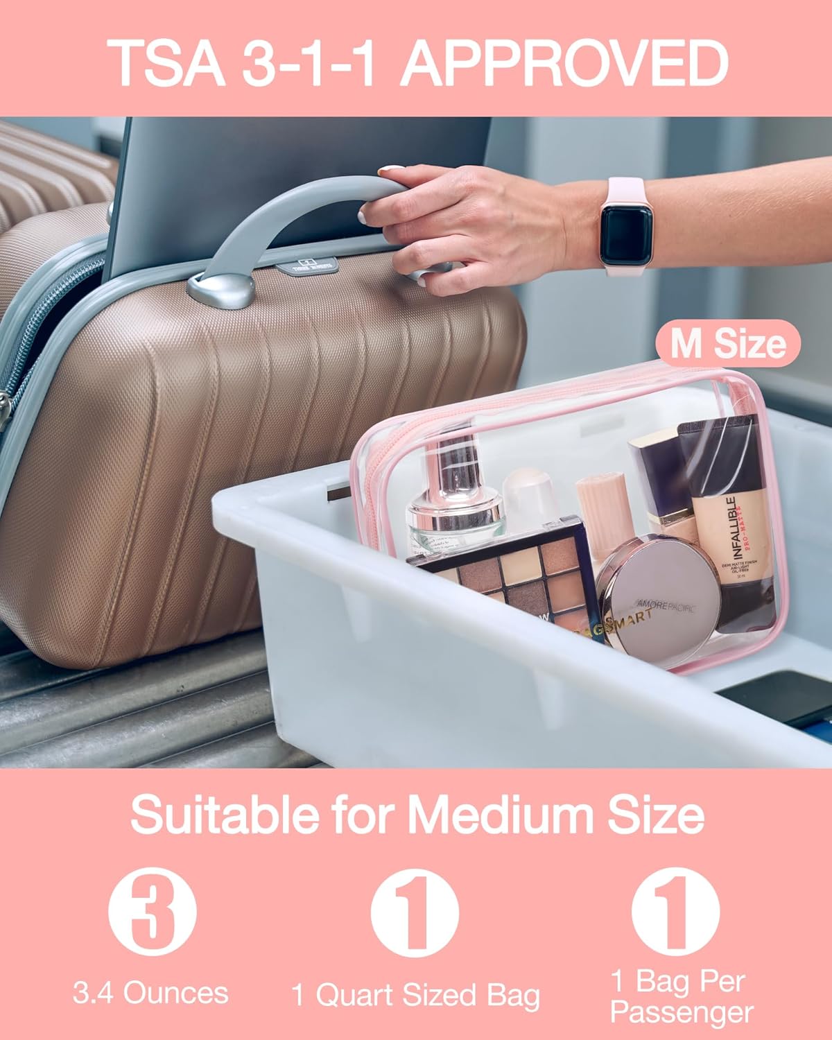 BAGSMART Clear Toiletry Bag, TSA Approved Travel Toiletry Bag Carry On Travel Accessories Bag Airport Airline Quart Size Bags water-resistant Makeup Bag for Women