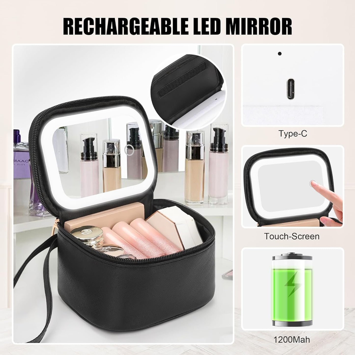 Relavel Mini Makeup Bag with Led Mirror, Small Cosmetic Bag with 3 Light Modes, Rechargeable Portable Makeup Pouch with Hands-Free Wrist Strap for Pool Parties丨Work Touch-Ups丨Travel - Black