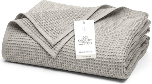 BOLL & BRANCH Waffle Bed Blanket - Twin, Pewter - Luxury 100% Organic Cotton - Soft, Lightweight and Breathable - Textured Waffle Weave Design