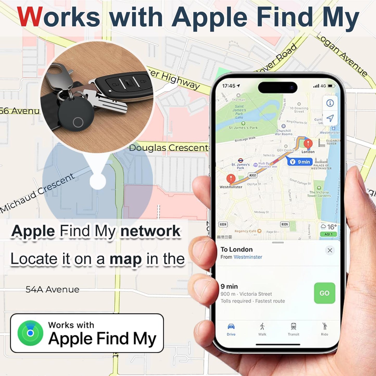 Key Finders, Luggage Tracker Tag Works with Find My (iOS only), Item Locator for Keys, Wallet, Suitcase,Bicycle and More, Replaceable Battery, IP67 Waterproof, Black, 1 PACK
