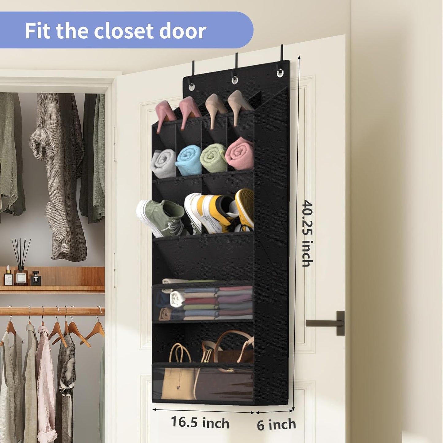 FENTEC 1 Pack Over-the-Door-Shoe-Organizers, Hanging Shoe Organizer with Large Pocket Shoe Holder Hanging Shoe Rack for Closet Shoe Organizer for Wall, Over Door Organizer with 15 Pockets Black