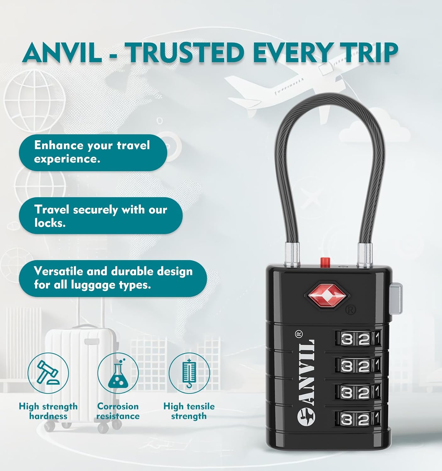 ANVIL 4 Digit Luggage Locks, TSA Locks for Luggage, Advanced TSA008 core, Alert Indicator for Your Travel Lock, Suitcase Lock. (6, Black)