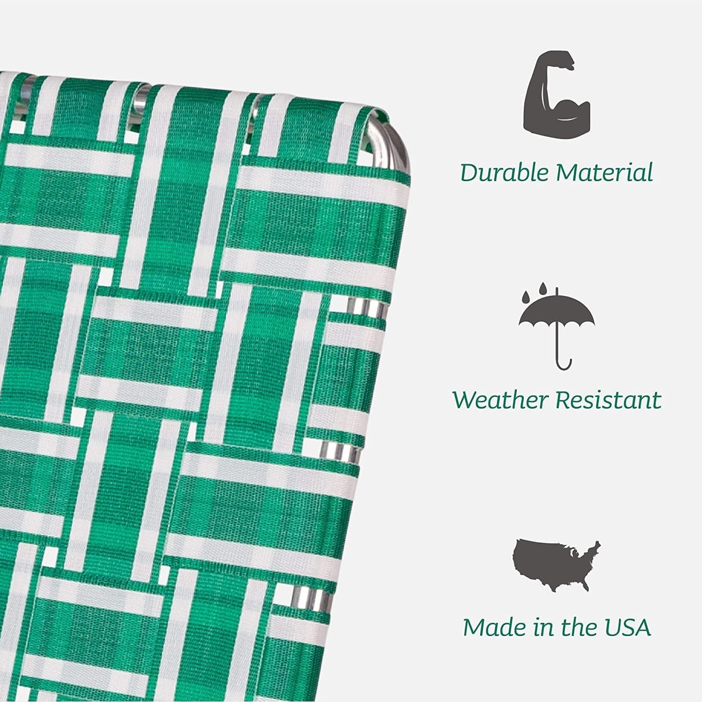 Lawn Chair USA - Outdoor Chairs for Camping. Made with Lightweight Aluminum Frames and UV-Resistant Webbing. Folds for Easy Storage 2- Pack (Green and White Stripes with White Arms, Classic)