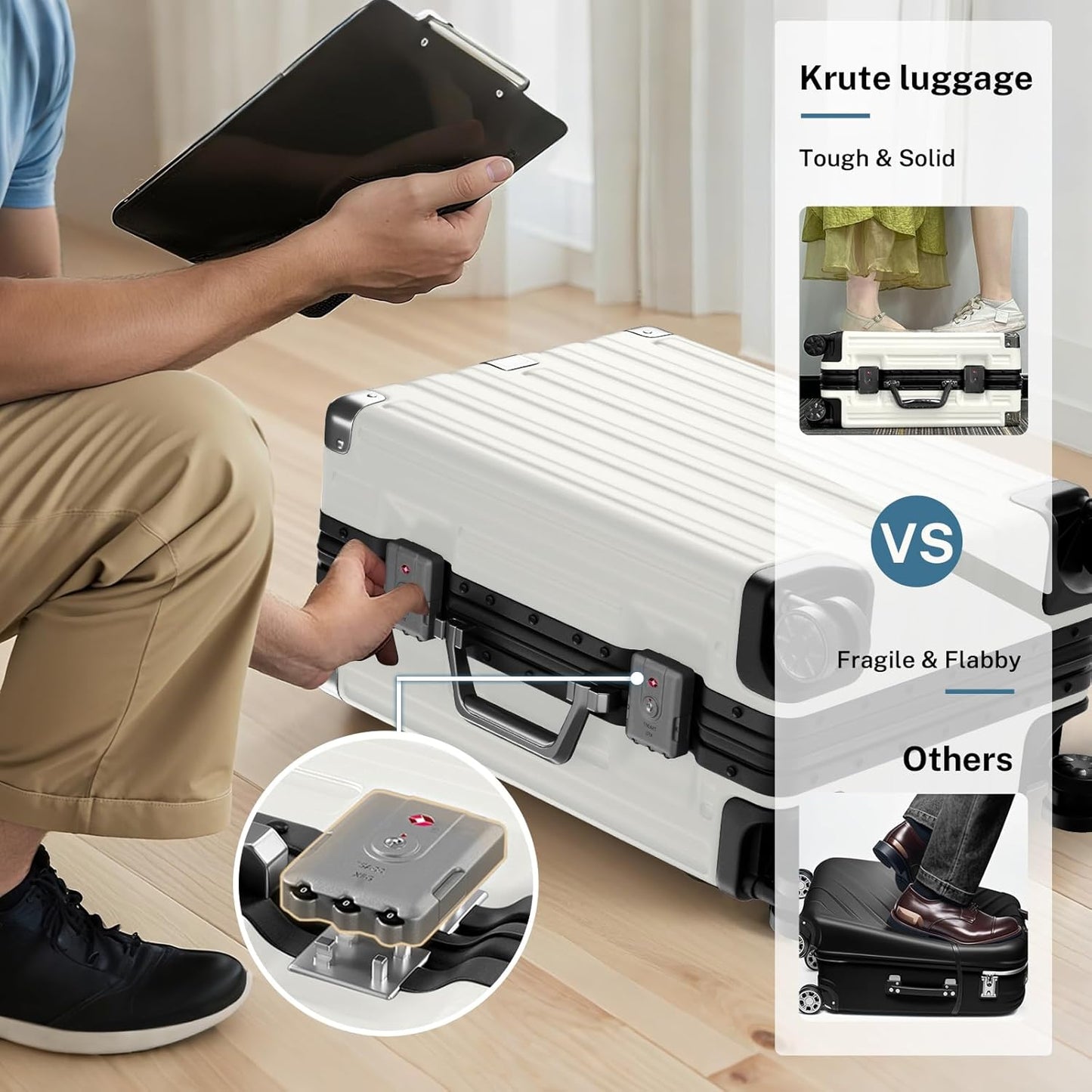 Krute Aluminum Frame Carry On Luggage 20 Inch Zipperless Luggages USB Charger Hardside PC Suitcase With Spinner Wheels Airline Approved Hard Shell Suitcases with TSA Lock (1 Piece)