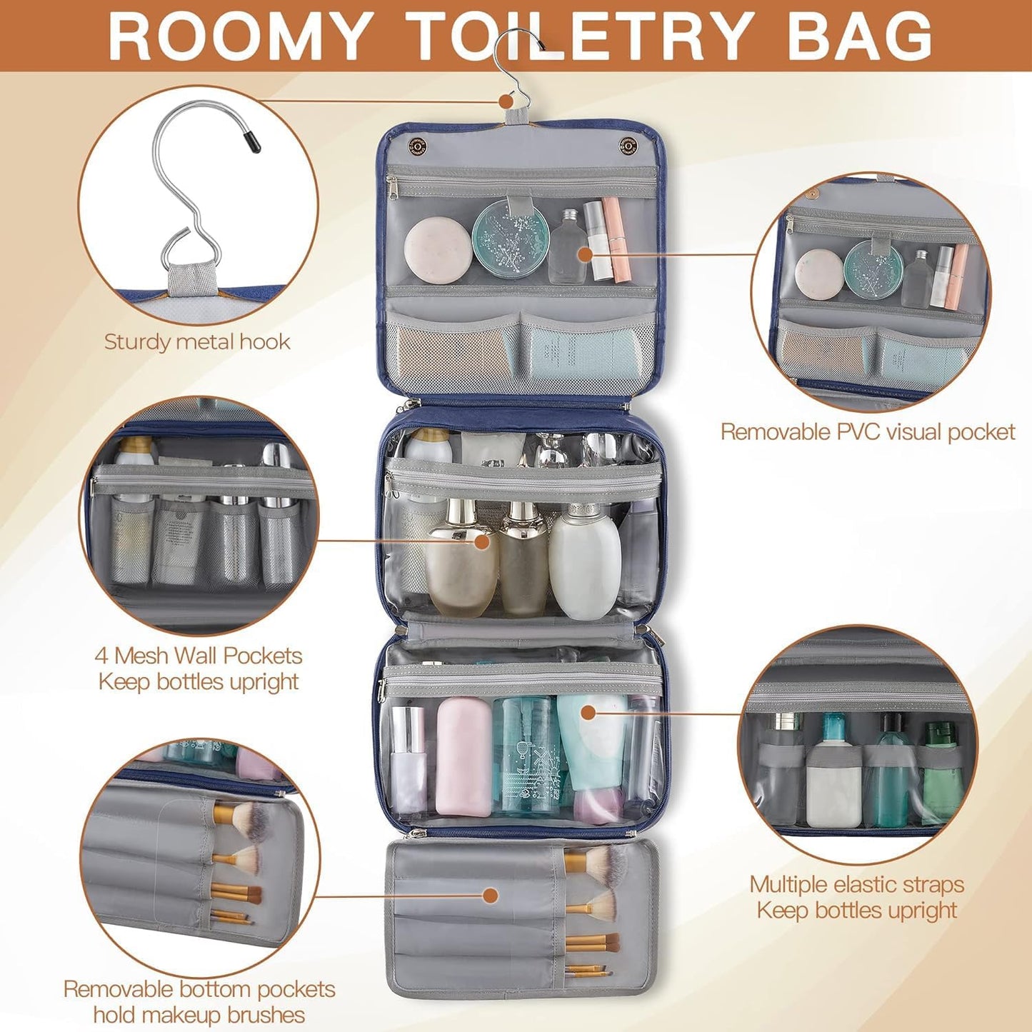 Elviros Hanging Toiletry Bag for Men Travel Essentials 3-in-1 Large Waterproof Dopp Kit PU Leather Shaving Bag with Separate Compartments for Grooming and Toiletries