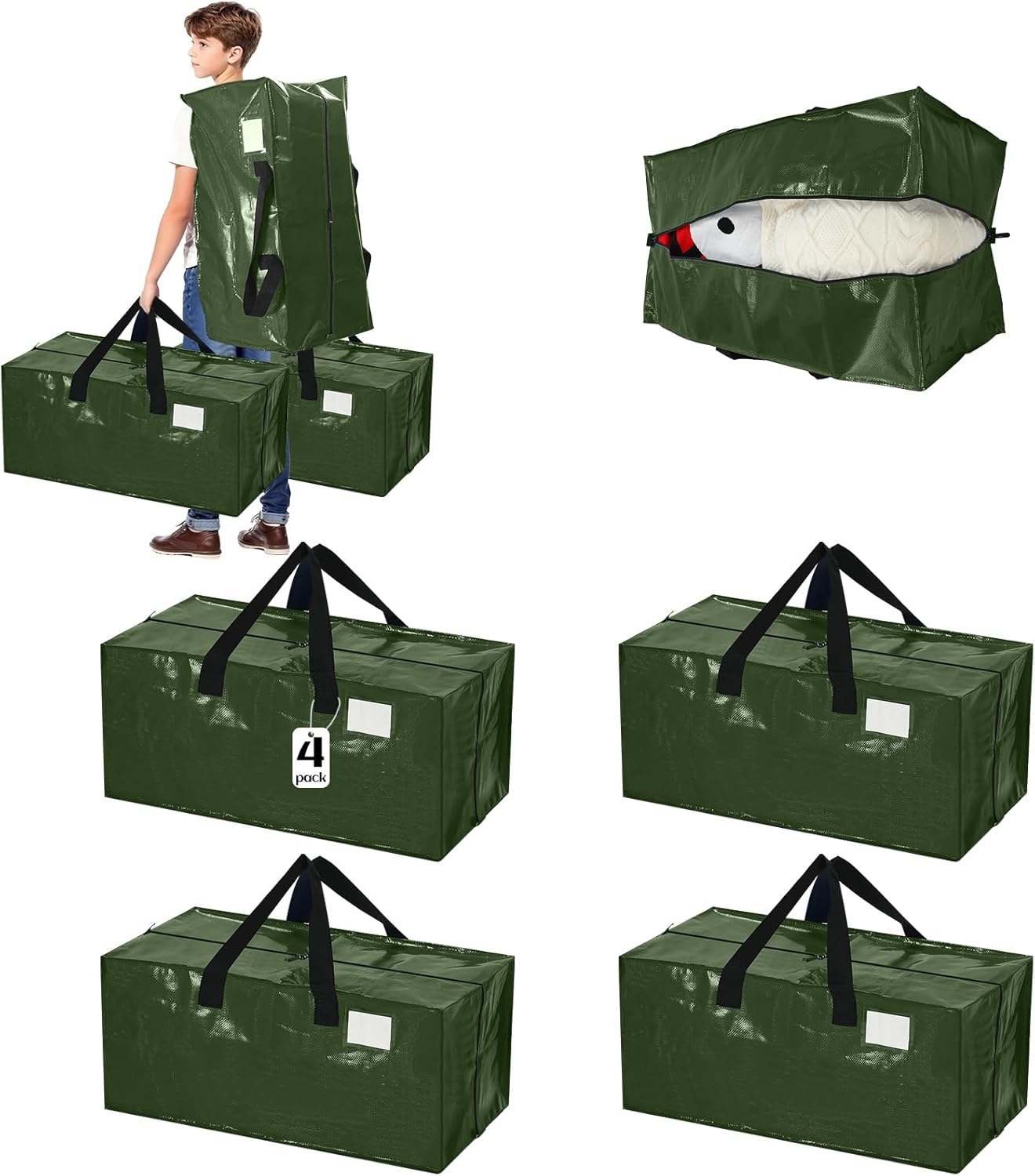 4 Pcs 24 Gallon Large Moving Bags with Zipper and Handles Foldable Storage Duffle Bags Heavy Duty Extra Large Totes for College Dorm Travel Clothes Blankets Bedding Moving (Green)