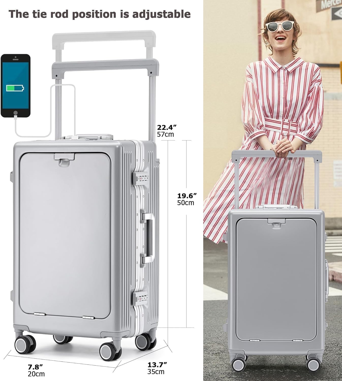 feilario 20" Aluminium Frame Hardside PC Carry on Luggage - Wide Handle Double Spinner Wheels Suitcase with TSA lock