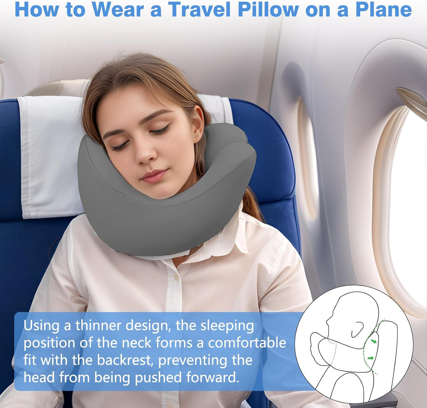 Travel Neck Pillow, Advanced Neck Support for International Flights, 3D Eye Masks, Ear Plugs and Storage Bag, Memory Foam Airplane Pillow for Travel, Sleep Rest, Trains, Road Trips