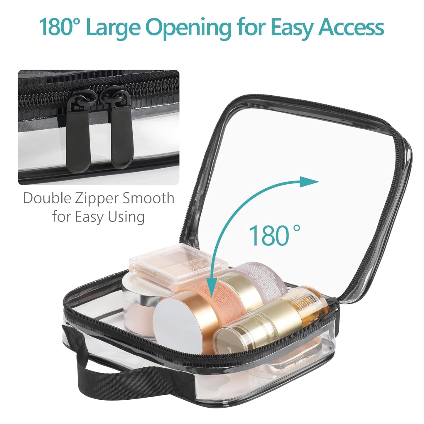 PACKISM Clear Makeup Bag - 2 Pack TSA Approved Toiletry Bag with Handle and 180° Large Opening, Clear Toiletry Bag Fit Carry-on Travel Essential, Travel Bags for Toiletries, Black