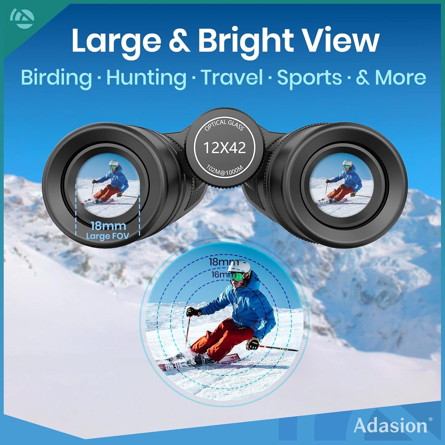 12x42 HD Binoculars for Adults High Powered with Phone Adapter and Tripod, Super Bright BAK4 Prism Waterproof Binoculars for Bird Watching Hunting Hiking Safari Travel Sports