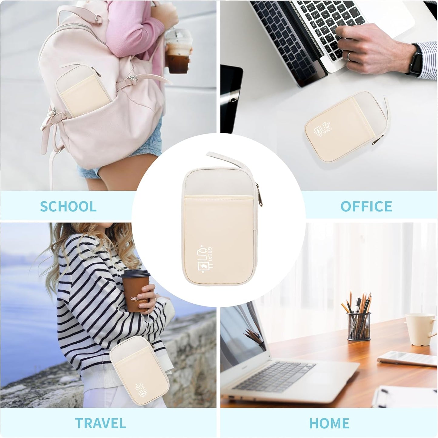 Electronics Travel Organizer,Portable Waterproof Electronic Travel Storage Bag for Small Charging Cord Storage,Charger,Small Electronics,SD Card,with 5 Cable Ties,for Travel,Business-Beige