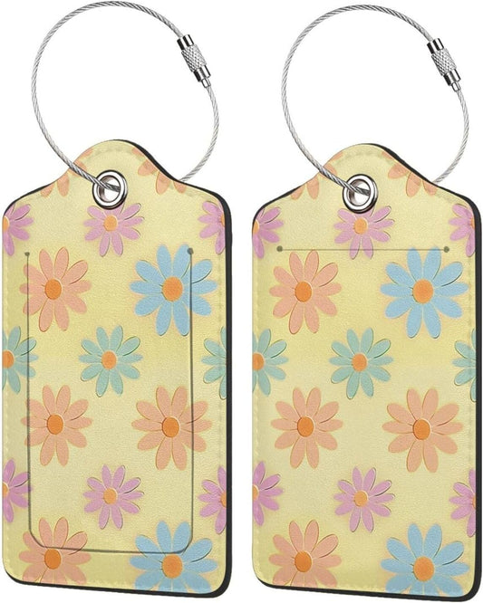 Flowers Leather Luggage Tag with Stainless Steel Ring, Fun Name Id Card Cover Travel Bag Tag Set, Suitable for Travel Bag Luggage Women Men 1 PCS