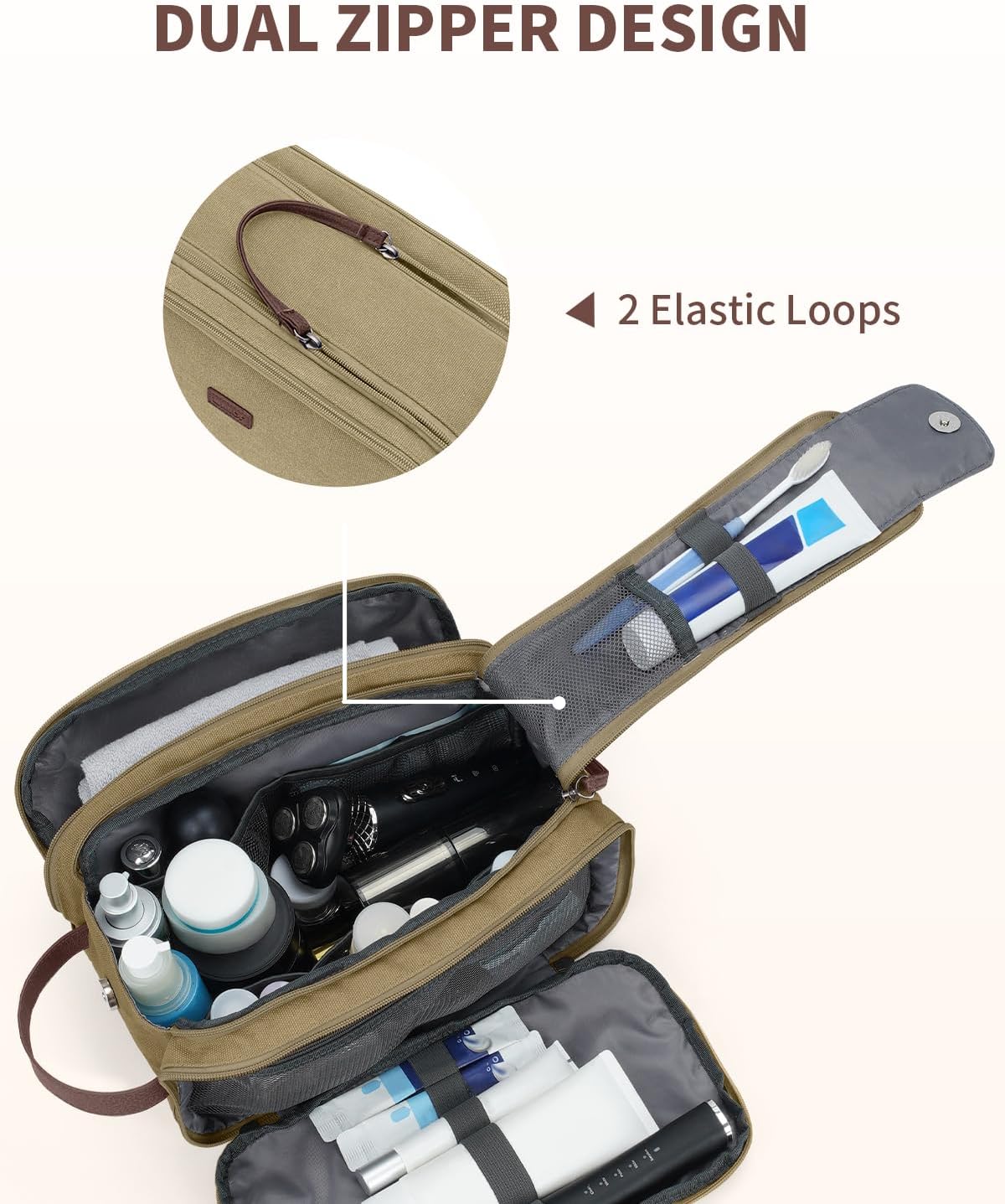 WANDF Toiletry Bag for Men Travel Toiletry Organizer Canvas and Leather Dopp Kit Water-Resistant Shaving Bag for Travel Accessories (Classic Khaki, Large)
