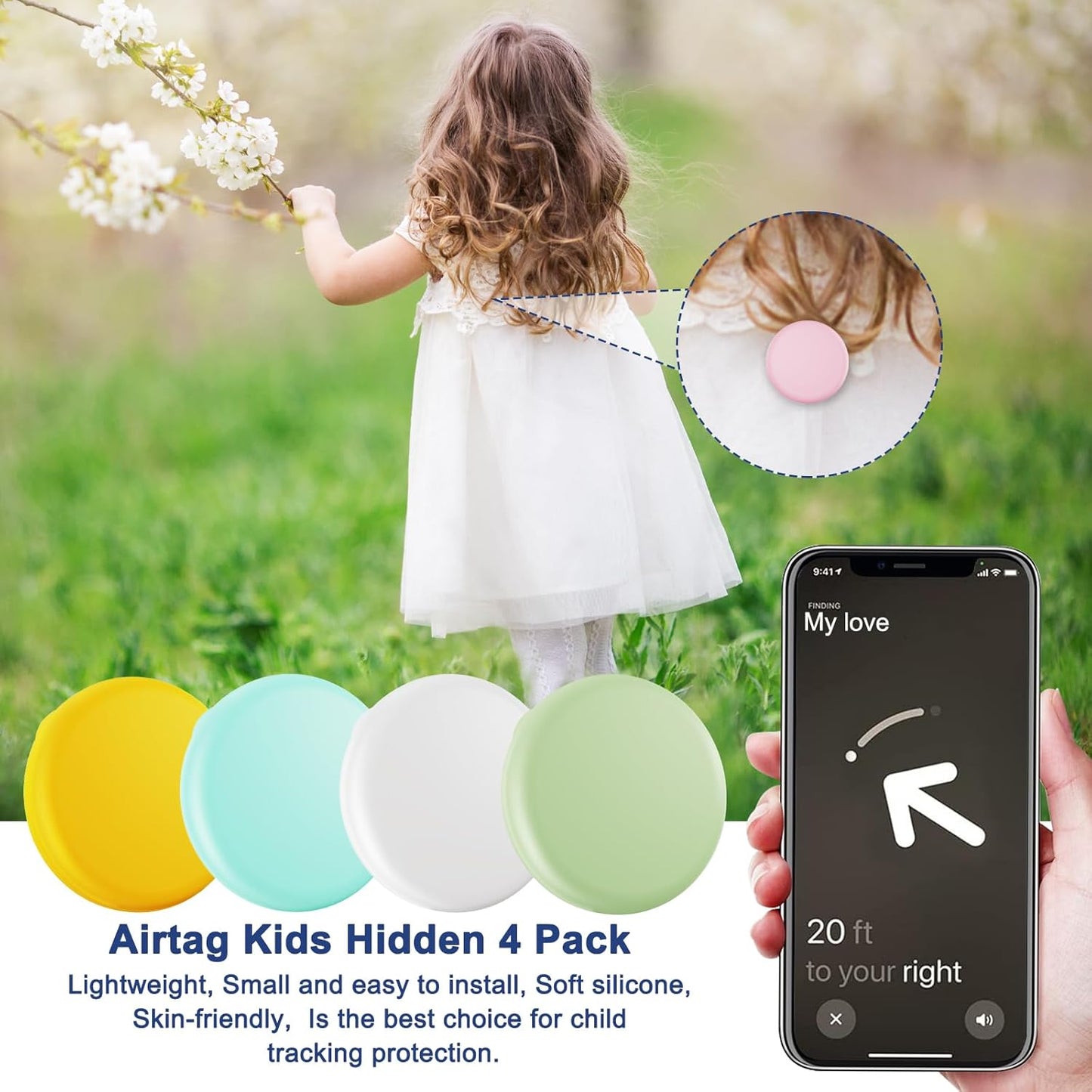 for Air Tags-4 Pack Apple Kids Hidden, for Airtag Tracker for Kid,for AirTag Hidden Kids Holder with Invisible Pin, Anti Lost, for Kid, Elderly, Luggage, Clothing (Light green Yellow White Mint green)