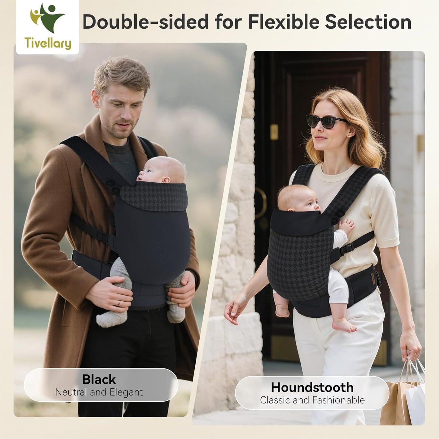 Reversible Baby Carrier – Black Solid & Houndstooth; Lightweight & Breathable Lyocell Fabric; Ergonomic Lumbar Support and Quick Hands-Free Wear for Newborn to Toddler (7–44 lbs)