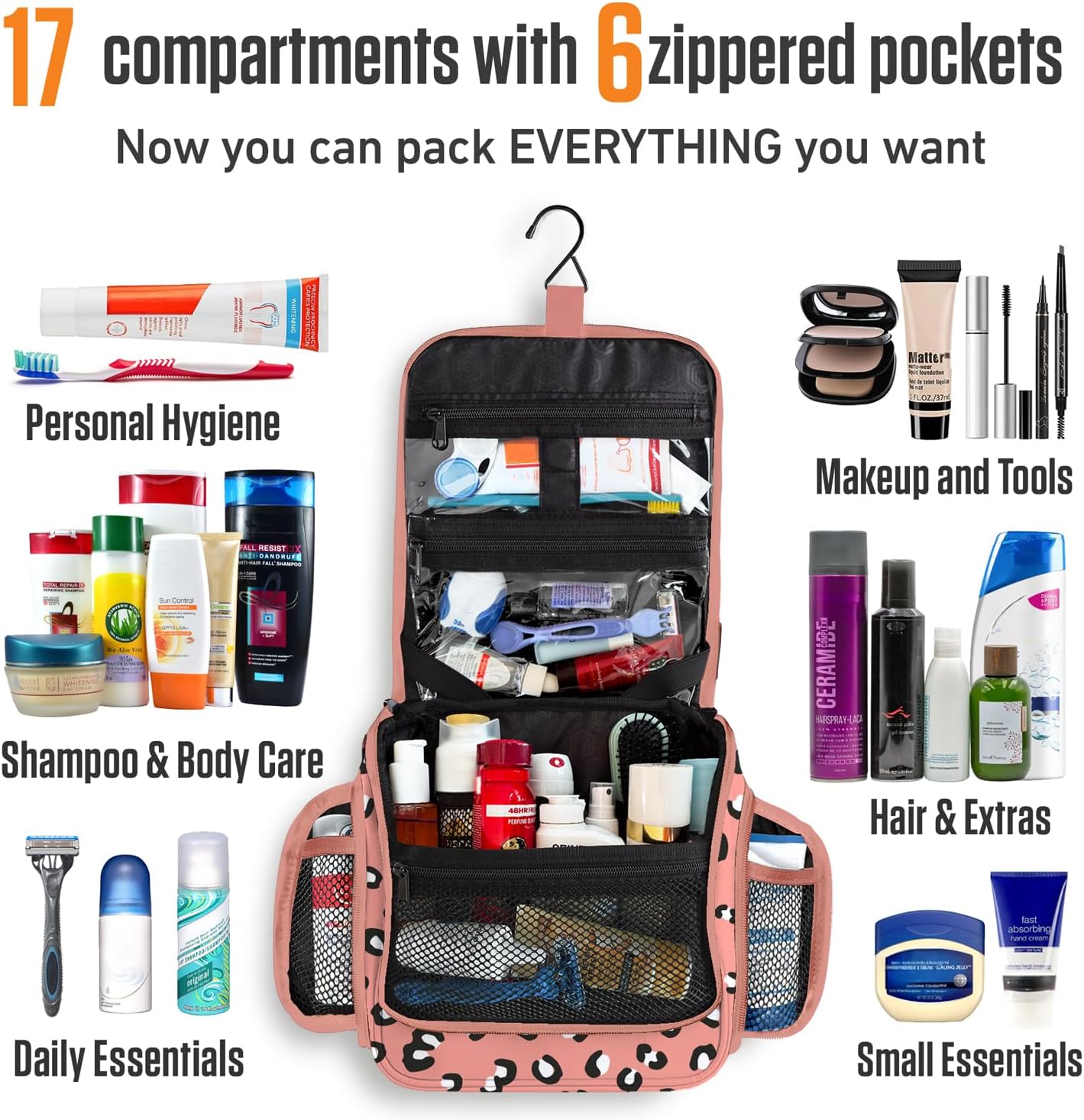 VENTURE 4TH Hanging Travel Toiletry Bag for Women & Men - Travel Organizer with Expandable Compartments & Removable Clear Pouch for Toiletries (Pink Cheetah)