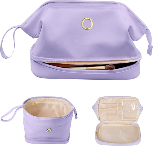 Initial Makeup Bags, Friend Gifts, Personalized Double Layer Cosmetic Bag with Makeup Brush Organizer, Waterproof, Large Capacity PU Leather Travel Toiletry Bag, Birthday Gifts for Girls