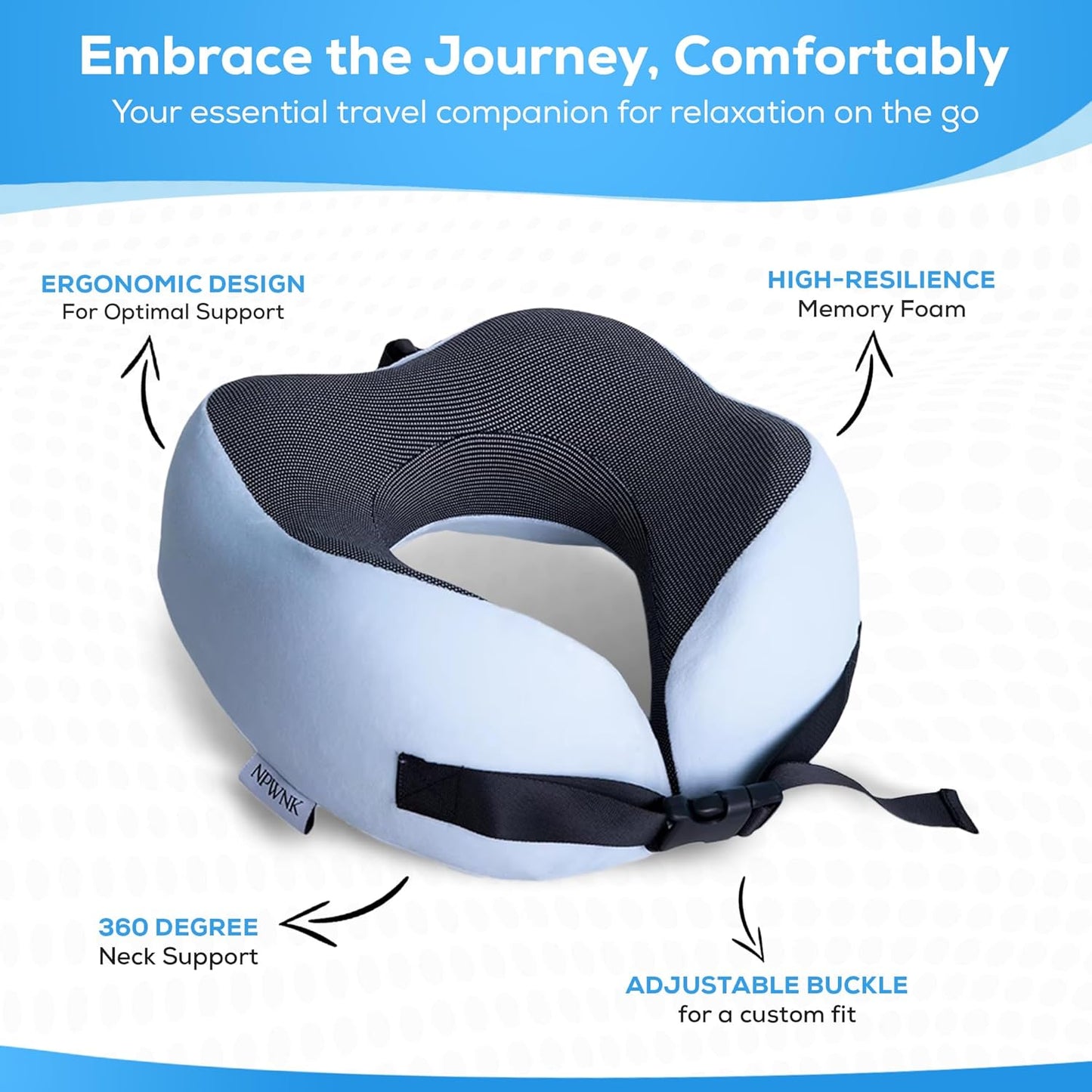 Pure Memory Foam Travel Pillows for Airplanes – Ergonomic Design with Adjustable Fit, Machine Washable, 3D Eye Mask & Compact Plane Pillow for Traveling – Grey & Blue