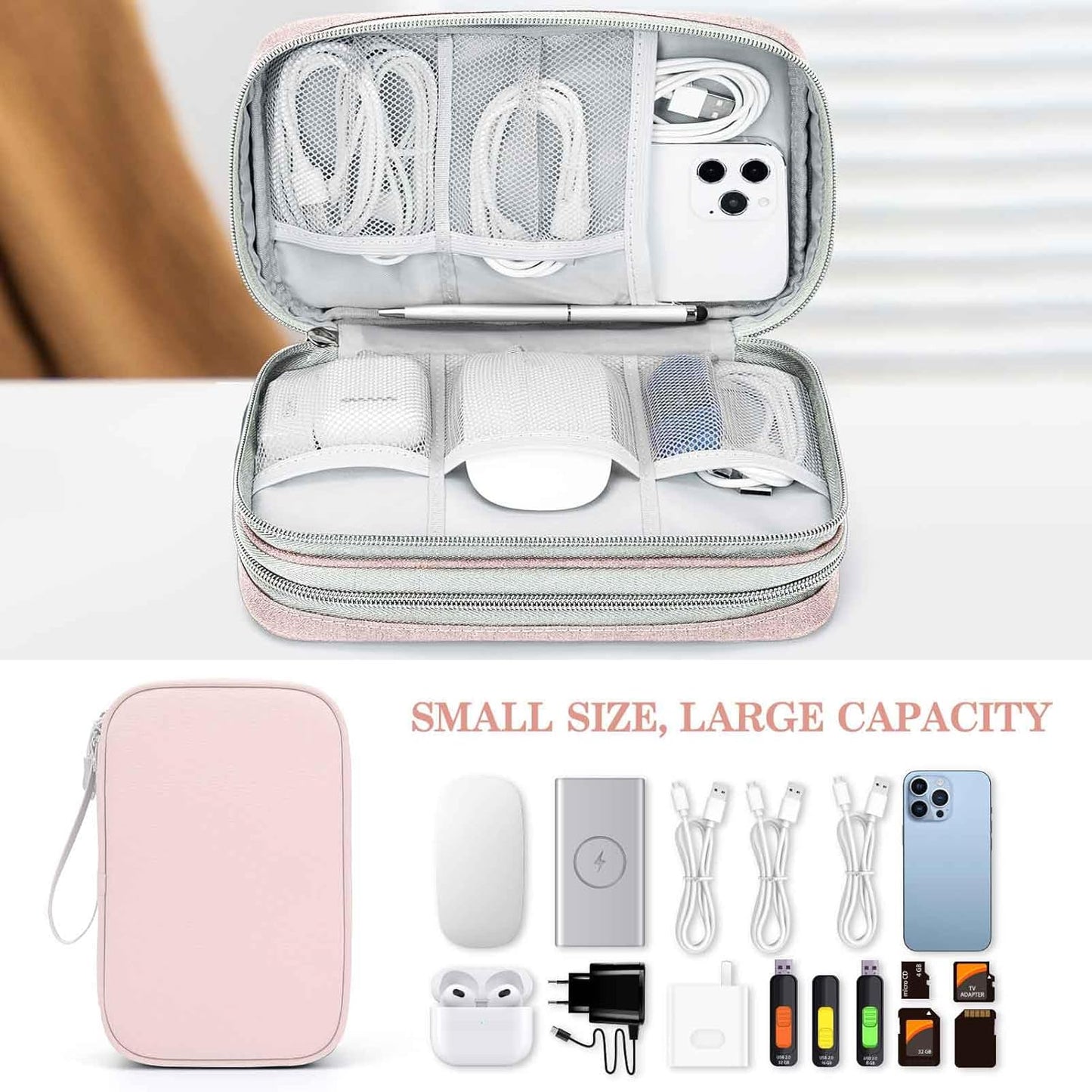 FYY Electronic Organizer, Large Travel Cable Organizer Bag Pouch Electronic Accessories Carry Case Portable Waterproof Double Layers All-in-One Storage Bag for Cable, Cord, Charger, Phone, Light Pink