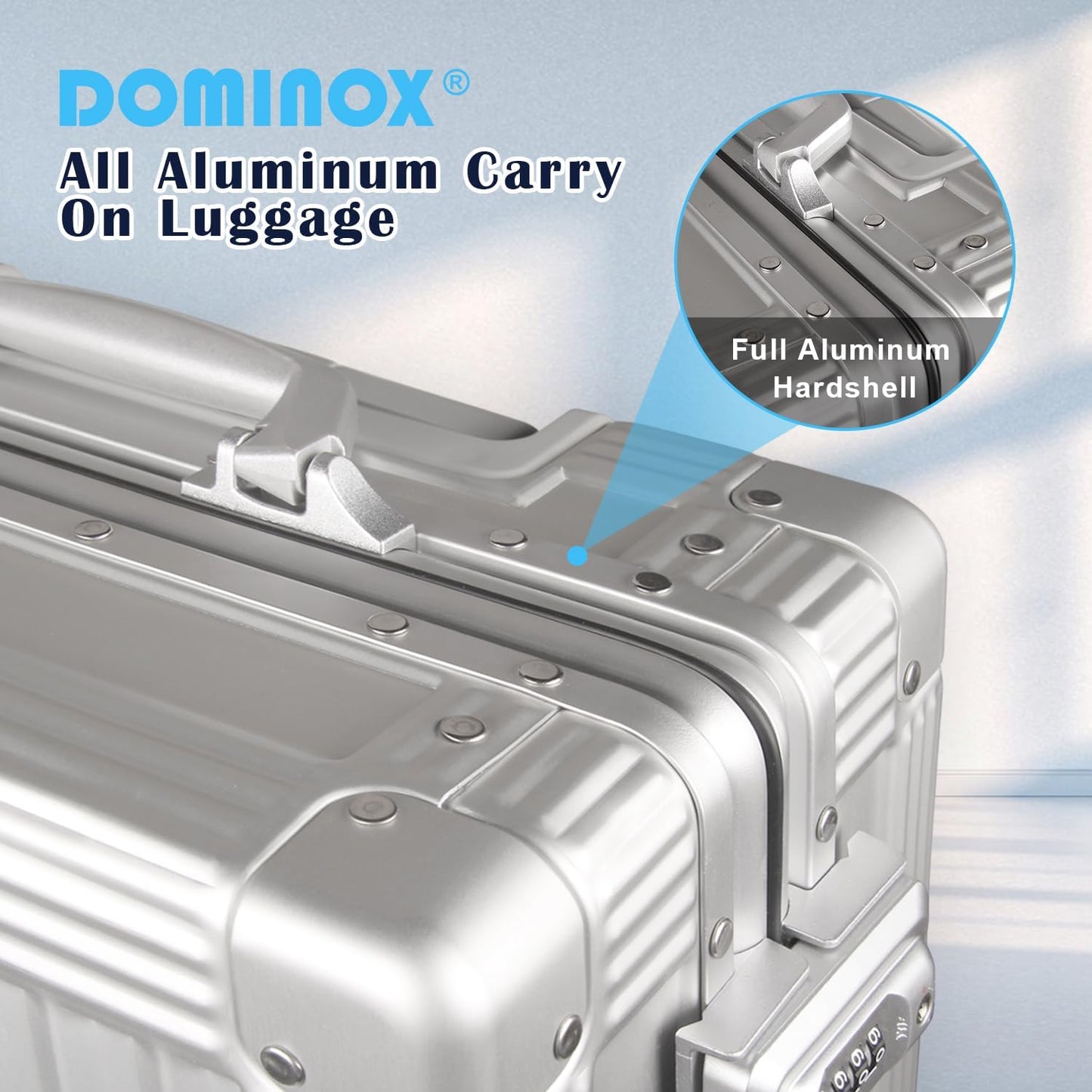 DOMINOX All Aluminum Carry On Luggage Hard Shell Luggage Aluminum Suitcase for Travel Zipperless Luggage Checked Luggage with Silent 360° Spinner Wheels 26 In. (Vertical Grain Style, Sliver)