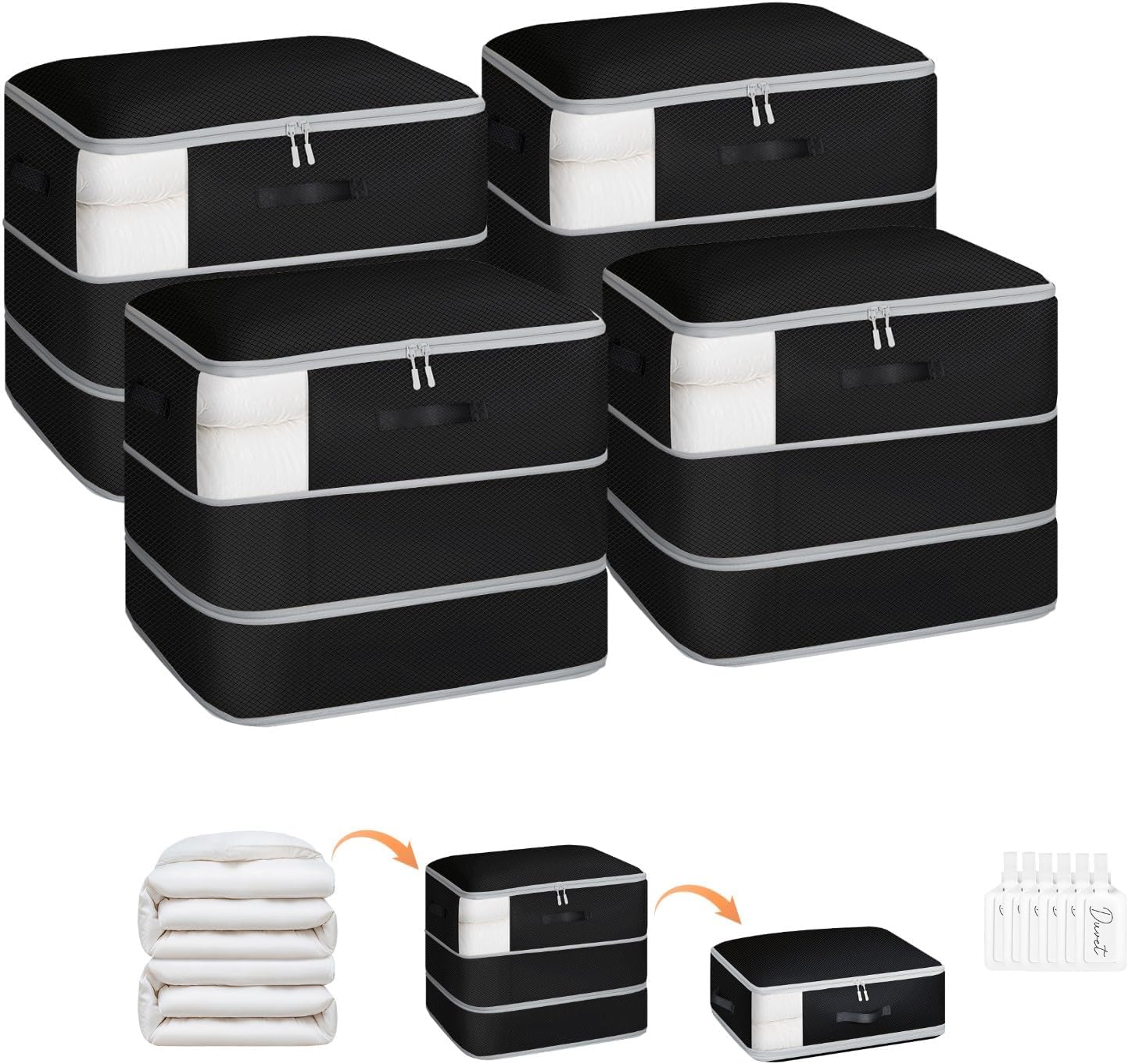 4 Pack Compression Storage Bags - 110L Large Capacity Comforter Storage Bag, 3-Layer Washable Ultra Space Saving Self Compression Organizer Space Bags for Blanket, Sweater, Sheet, Black