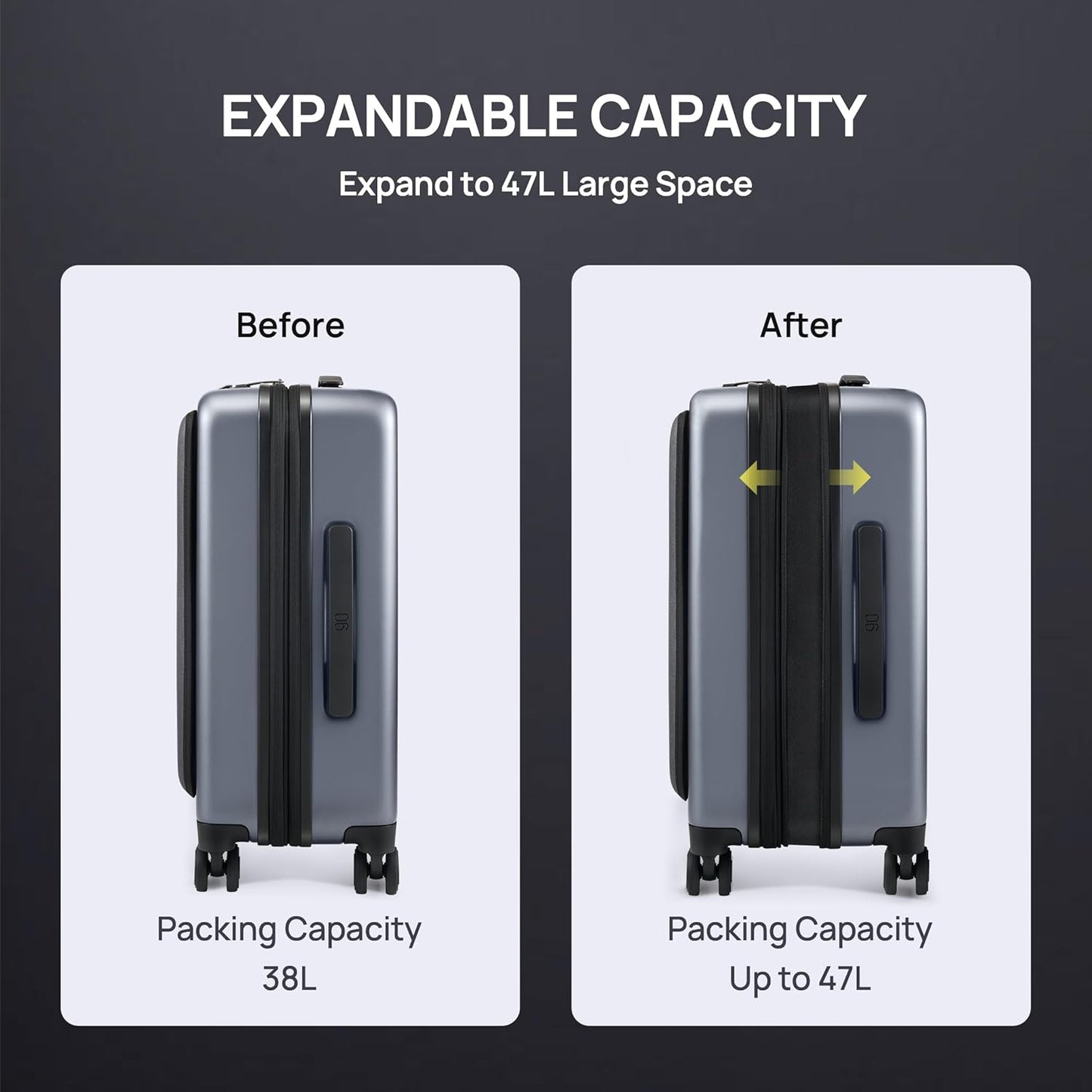 NINETYGO Carry on Luggage 22X14X9 Airline Approved with Front Pocket, 20 Inch Luggage with Front Compartment, Expandable, Double Spinner Wheels, Hardsided PC, TSA Lock (Shadow, Seine Max)