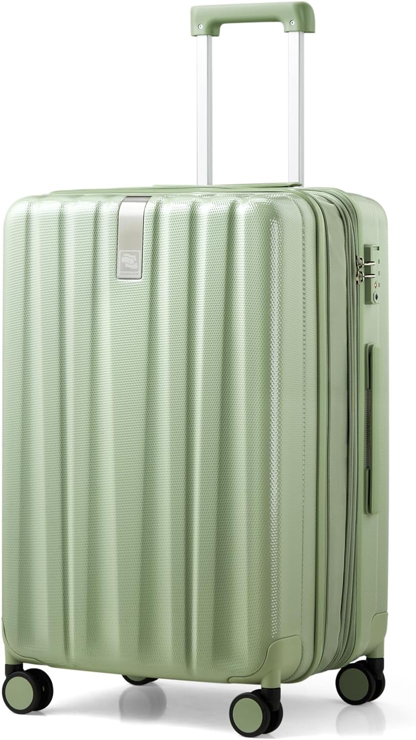 Hanke 24 Inch Expandable Checked Luggage Lightweight PC Hard Shell Luggage Suitcases with Wheels Travel Luggage Rolling Large Suitcase Travel Luggage Bag for Go to University.(Bamboo Green)