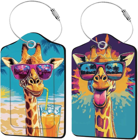 2 Pack Colorful Giraffe Luggage Tags for Suitcase, Leather Luggage Tags Cute, Privacy Cover ID Label with Stainless Steel Loop & Address Card, Giraffe Travel Bag Tag Luggages Accessories for Suitcases