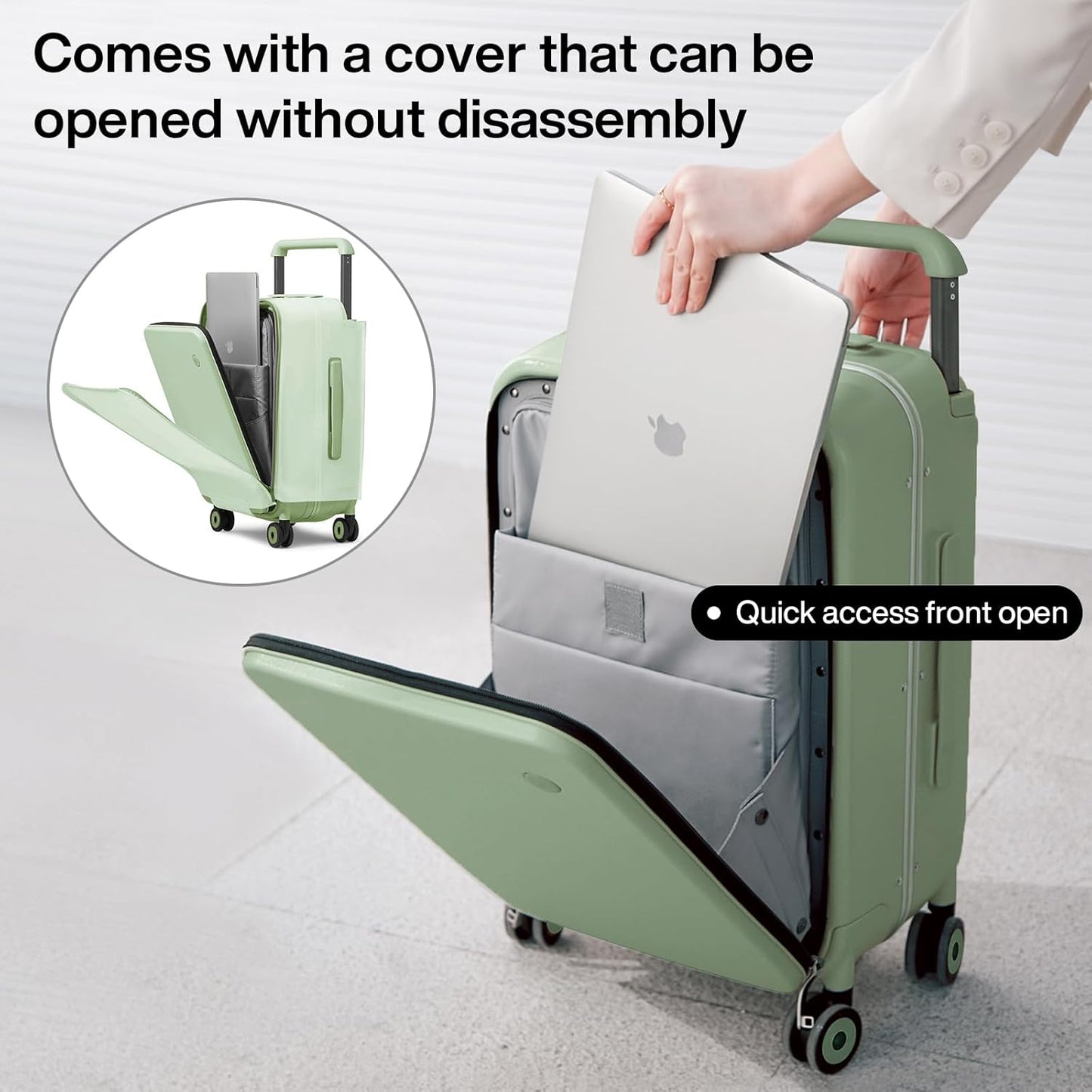mixi Carry On Luggage Wide Handle Luxury Design Rolling Travel Suitcase PC Hardside with Aluminum Frame Hollow Spinner Wheels, with Cover, 20 inch, Avocado Green