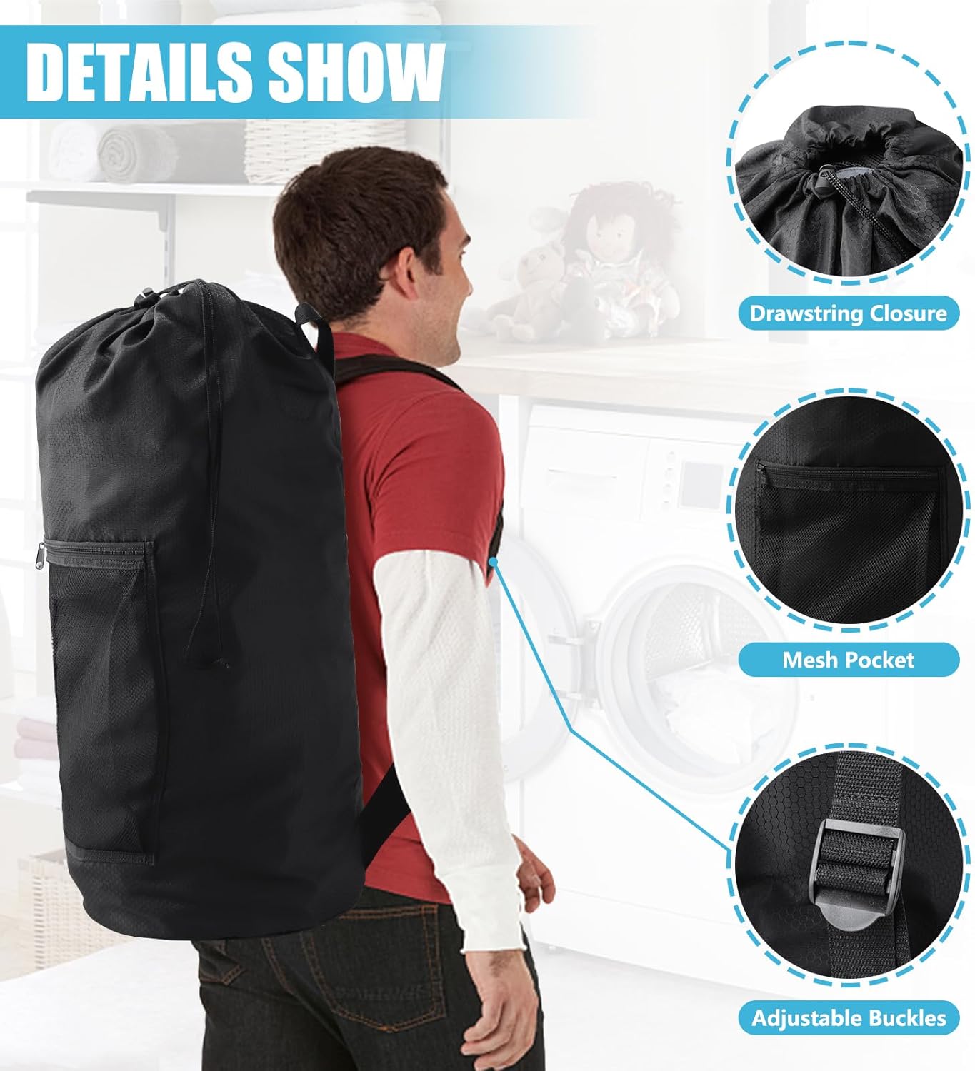 Laundry Bag Backpack,Olosar Extra Large Travel Laundry Bag with Mesh Pocket & Adjustable Shoulder Straps,Dirty Clothes Travel Bag for College Students Dorm,Apartment(Black)