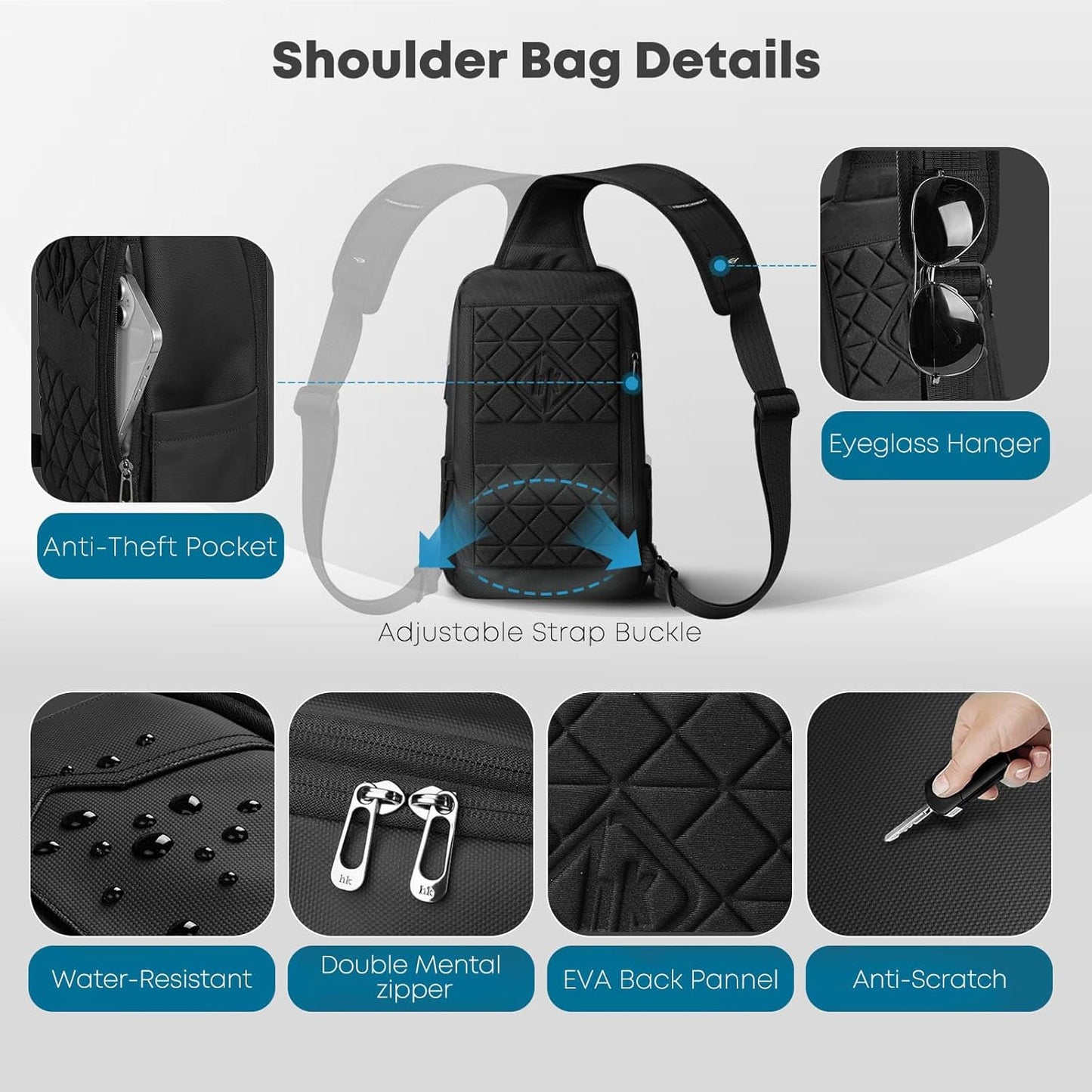 Crossbody Sling Bag for Men, Waterproof Sling Crossbody Backpack with USB Charging Port, Anti Theft Chest Shoulder Hiking Bags Daypack for Commute, Work, Sport, Travel - Black
