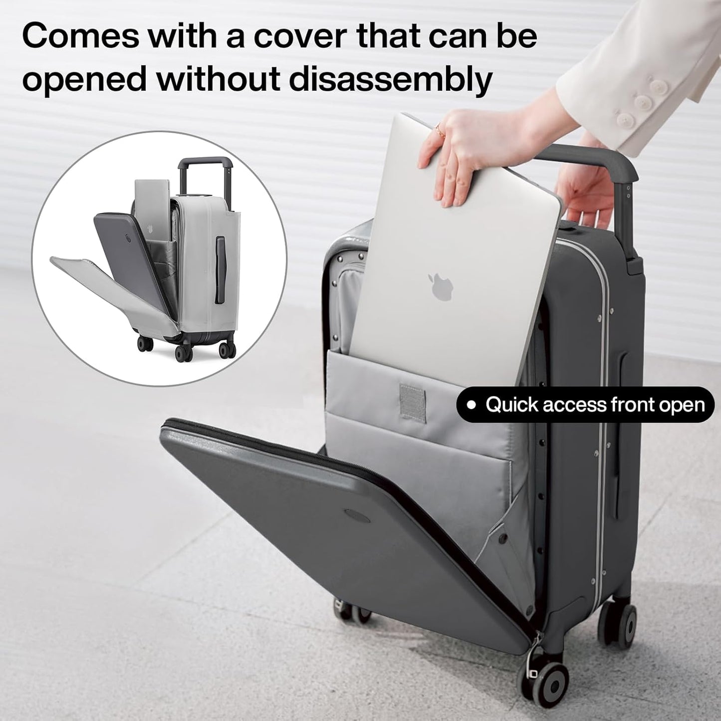 mixi Carry On Luggage Wide Handle Luxury Design Rolling Travel Suitcase PC Hardside with Aluminum Frame Hollow Spinner Wheels, with Cover, 20 inch, Rock Grey