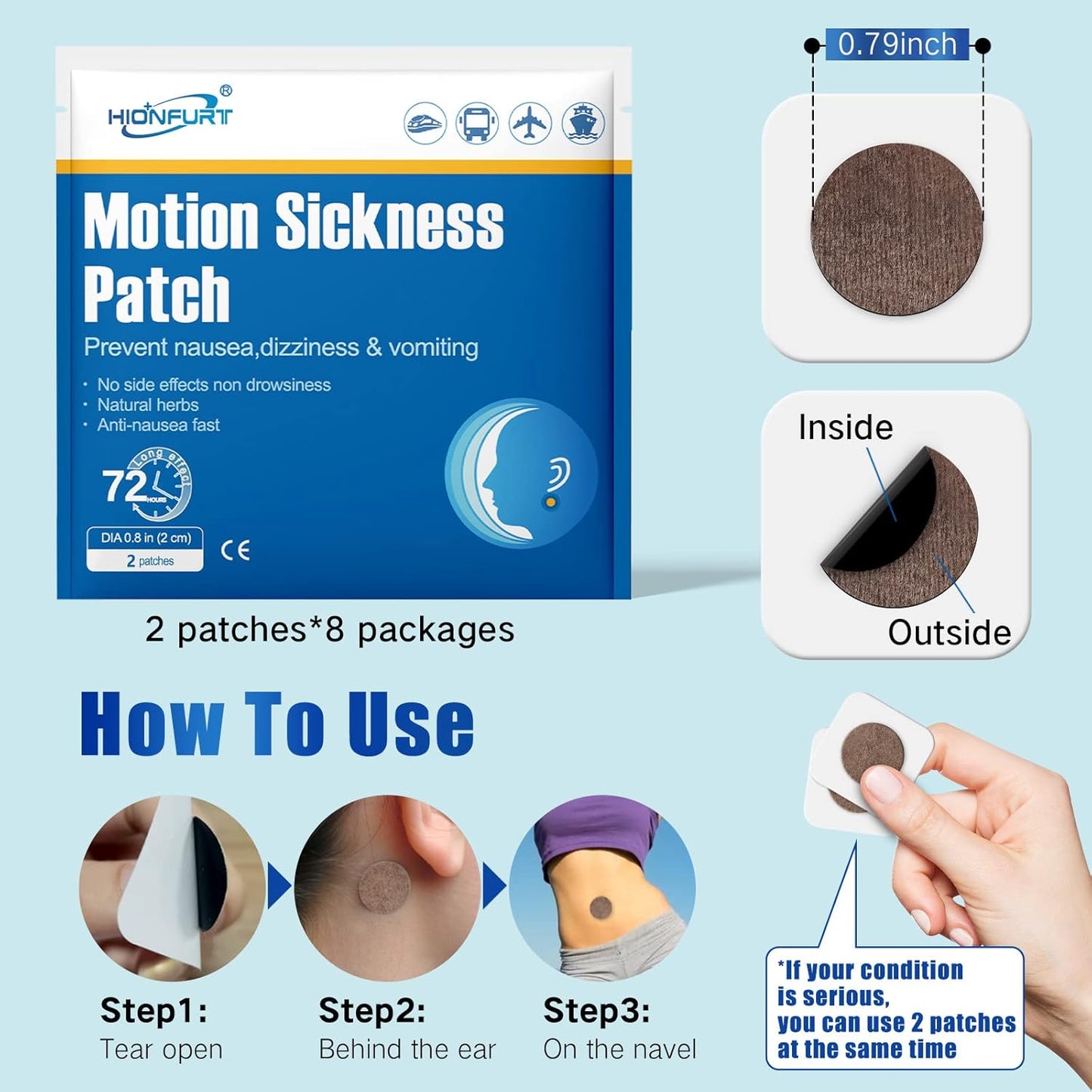 16ct Motion Sickness Patches – Sea Sickness Patches for Cruise, Car, Airplane, and Other Travel – Non-Drowsy, Effective, Lasts 72 Hours