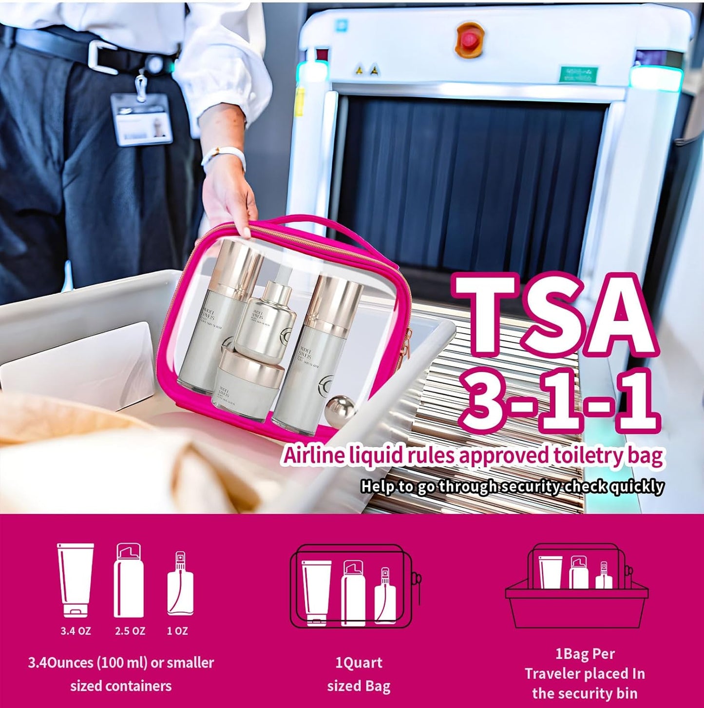 TSA Approved Travel Toiletry Bag,3 Pack Clear Makeup Bags with Handles,Quart Size Clear Cosmetic Bags for Traveling Women,Men,Carry on Airport Airline Compliant Bag,Rose Red