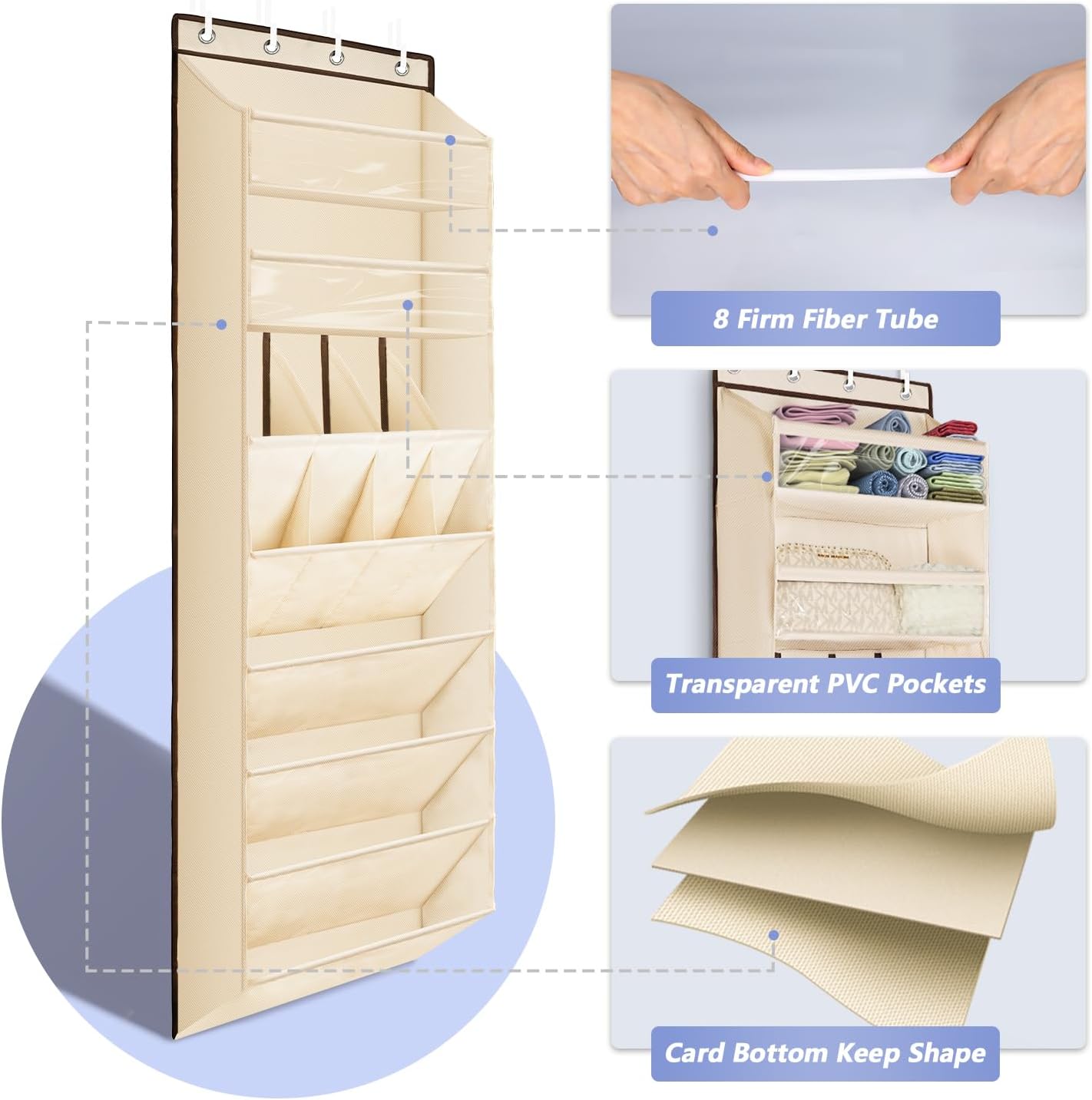 FENTEC 1 Pack Over The Door Shoe Organizer, 68" Exlarge Deep Pockets Hanging Shoe Organizers, 8-Tier Shoe Rack for Closet, Shoe Holder for Boots,Over Door Organizer in Home, RV, Dorm, Beige